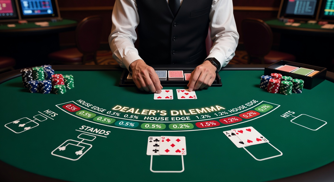 Dealer at a bustling American blackjack table, hand hovering over cards as players watch intently