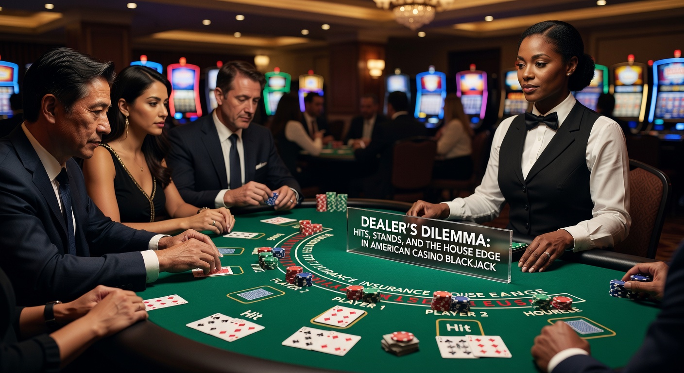 Close-up of dealer cards showing a 16 total, with the next hit card peeking from the shoe, tension evident in the scene