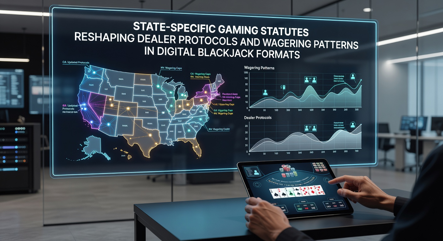 Digital blackjack interface showing state-compliant dealer protocols in action